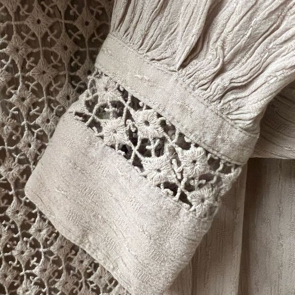 Free People “The Best Shirt” Gauzy Beige Blouse with‎ Crochet Inset – Size S - Picture 6 of 12